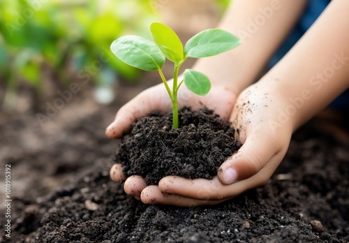 A child's hands nurturing a young plant in soil, symbolizing growth.