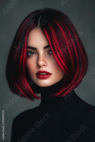 Stylish Woman with Red and Black Bob Hairstyle
