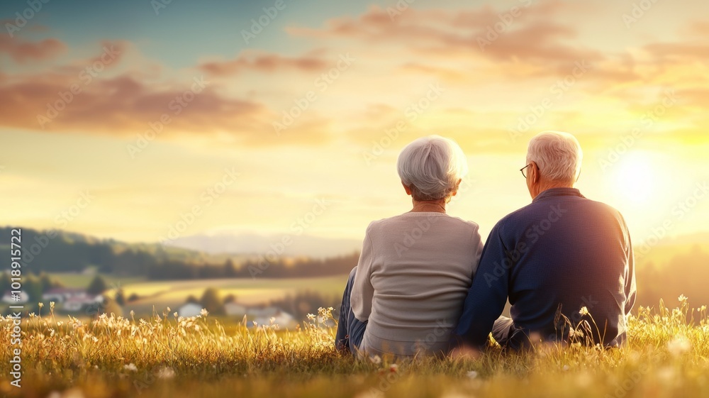 An elderly couple enjoying a peaceful sunset together in a serene countryside landscape An elderly couple enjoying a peaceful sunset together in a serene countryside landscape