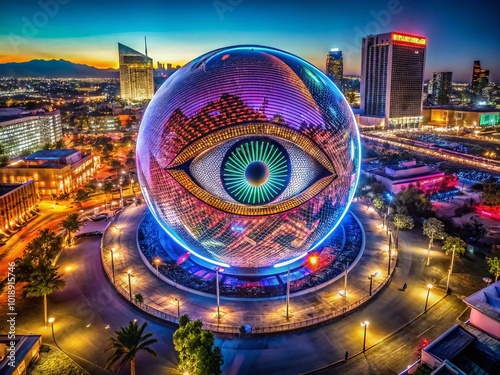Mesmerizing Sphere Structure with Eye Design Illuminated Against Night Sky in Urban Las Vegas Scene