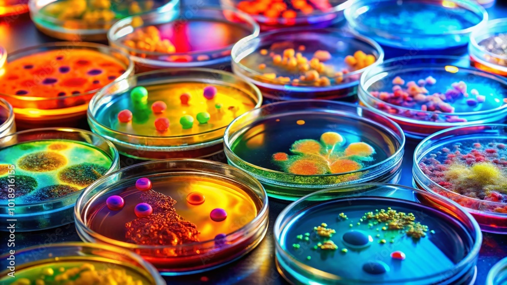 Microscopic View of Bacterial Growth on Agar Plates in a Laboratory Environment Under a Microscope Microscopic View of Bacterial Growth on Agar Plates in a Laboratory Environment Under a Microscope