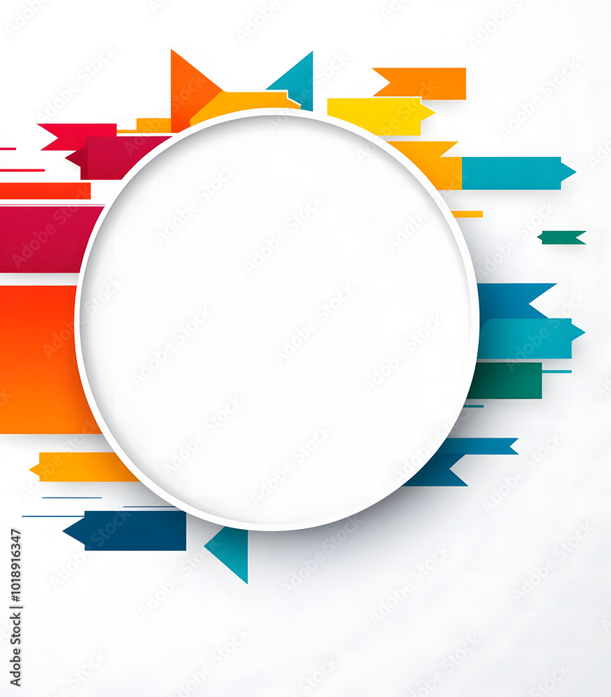 An infographic or mind map with a white background design and colorful arrows on the right side, a large circle in the foreground with blank space for text design, 