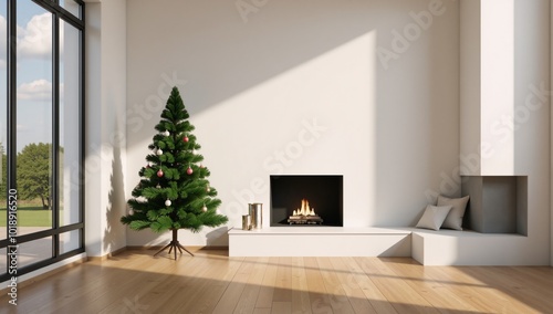 Modern white living room showcasing minimalist Christmas tree decorations and a cozy fireplace 3D Rendering