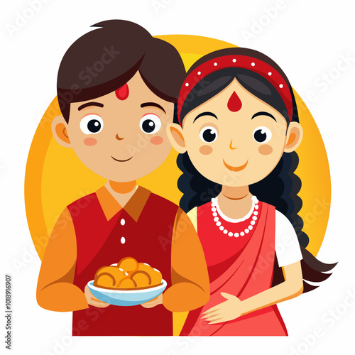 The Hindu woman and man, dressed in traditional attire, stand side by side, each holding trays filled with a variety of delicious food items, ready to offer in a religious ceremony or festive gatherin