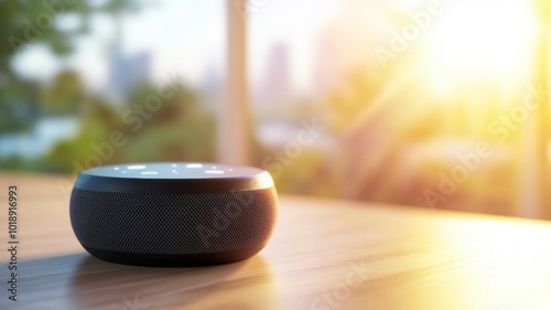 Smart speaker on a wooden table with a warm sunset glow filtering through a window in a modern living room