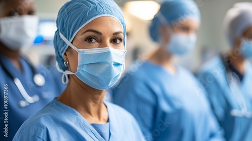 Health professionals in surgical attire prepare for a procedure in a modern hospital setting during daytime