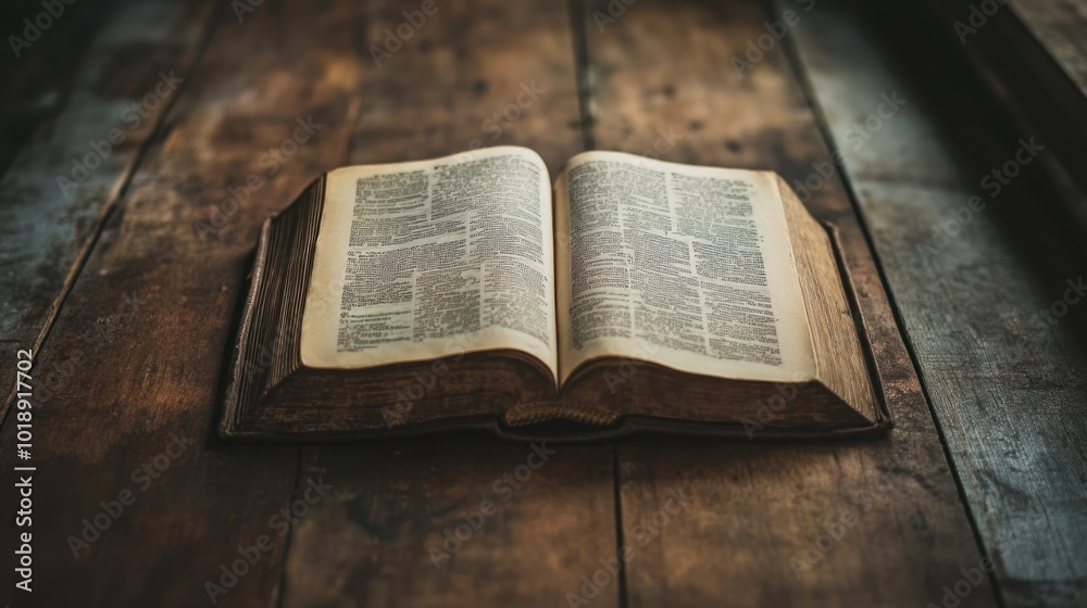 Obraz premium Open Bible on a Wooden Table