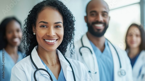 Healthcare professionals smile together in a hospital setting during a collaborative team meeting