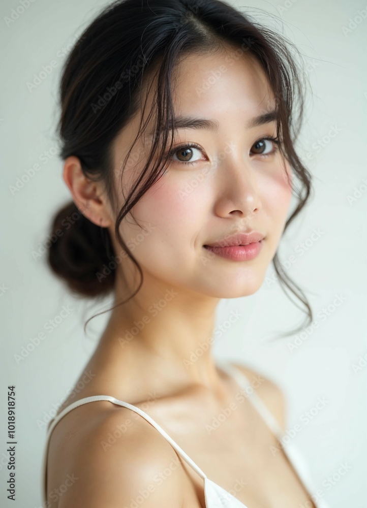 A sincere portrait of an Asian woman with serene beauty against a plain white background. A sincere portrait of an Asian woman with serene beauty against a plain white background.