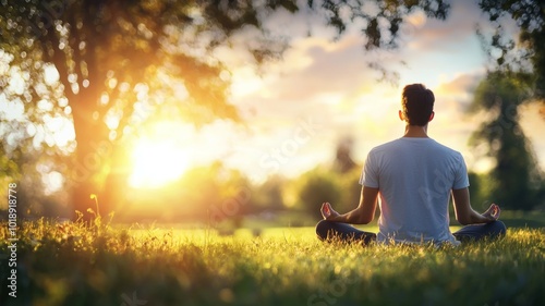 A person meditating peacefully at sunset in a serene outdoor setting