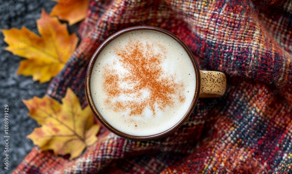 Overhead of pumpkin spice latte on plaid fall scarf with leaves. Overhead of pumpkin spice latte on plaid fall scarf with leaves.