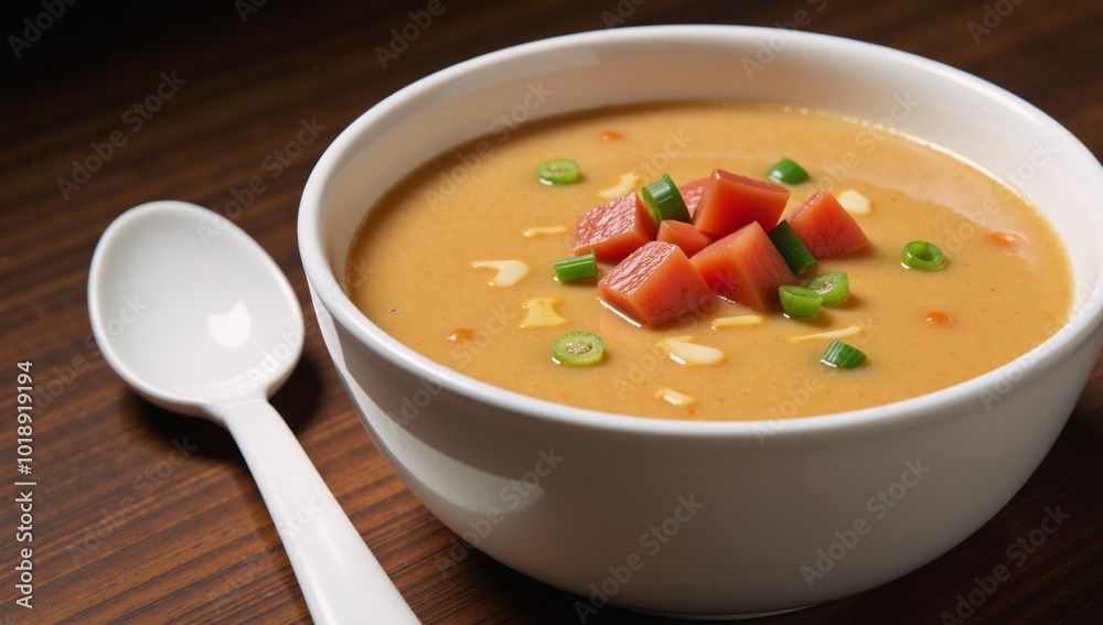 Creamy soup garnished with tomatoes green onions and cheese Soup Bowl Creamy soup garnished with tomatoes green onions and cheese Soup Bowl