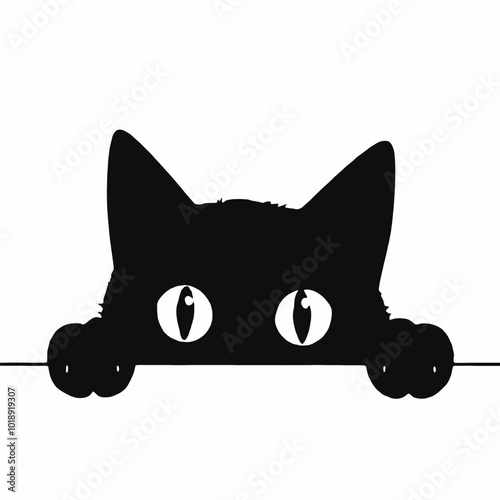 A black cat peeking out from behind a surface, with only its eyes and the top of its head visible 