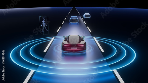 Advanced Driver Assistance Systems (ADAS) 3D rendering visualization.sensor and camera systems of autonomous car, driverless vehicle. 3D illustration. infotaintment HMI automotive future	