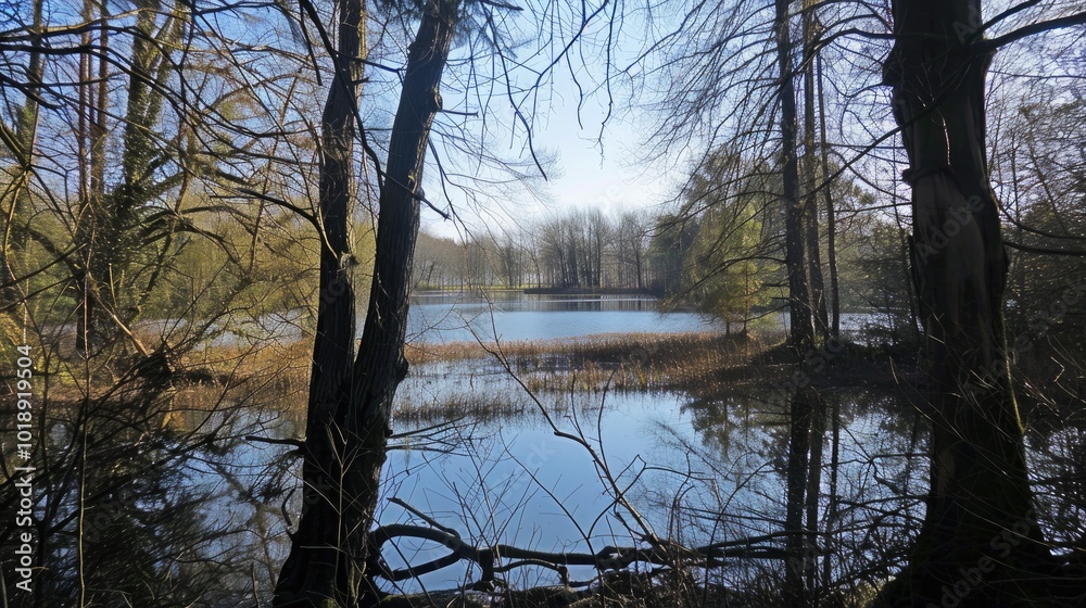 Obraz premium Scenic View of a Pond Framed by Trees