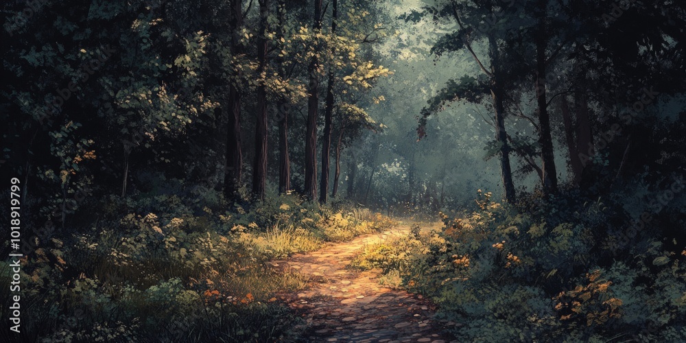 Fototapeta premium A winding path through a dense forest, bathed in soft sunlight.