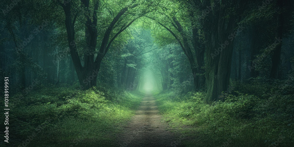 Fototapeta premium A misty forest path leads into the unknown, with tall trees on either side, creating a sense of mystery and intrigue.