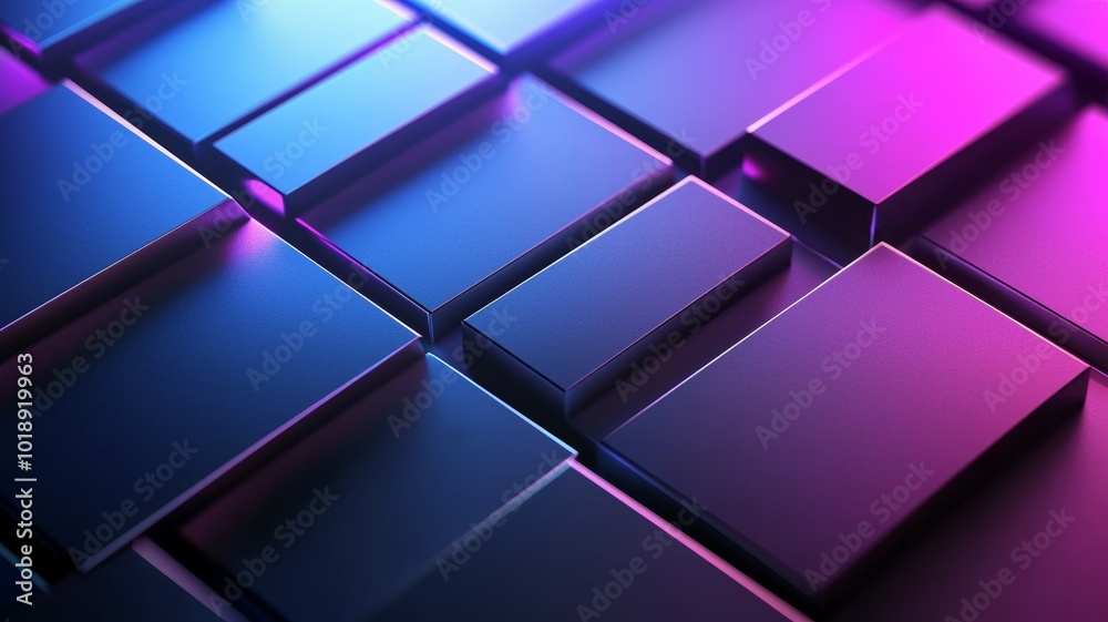 Abstract geometric shapes illuminated with vibrant purple and blue lights create a modern digital background Abstract geometric shapes illuminated with vibrant purple and blue lights create a modern digital background