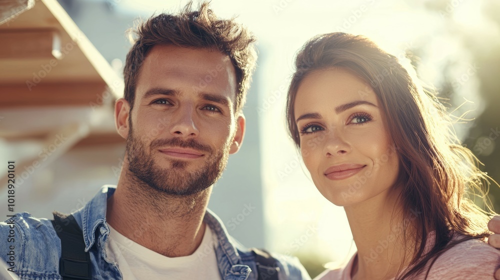A couple enjoying a sunny day outdoors with warm smiles and a lively atmosphere in the background during golden hour A couple enjoying a sunny day outdoors with warm smiles and a lively atmosphere in the background during golden hour