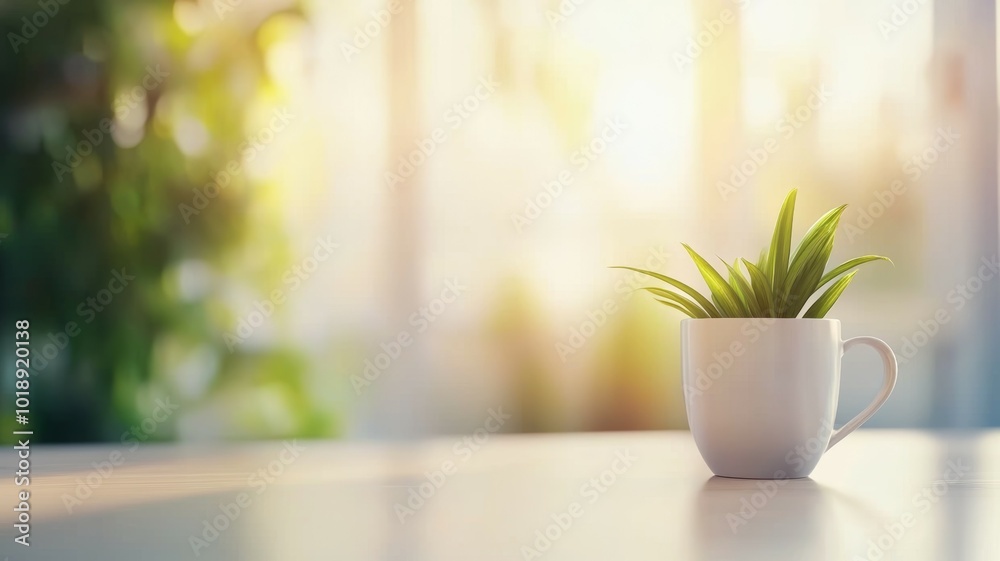 Small indoor plant in a white ceramic cup on a wooden table basking in soft sunlight by the window Small indoor plant in a white ceramic cup on a wooden table basking in soft sunlight by the window