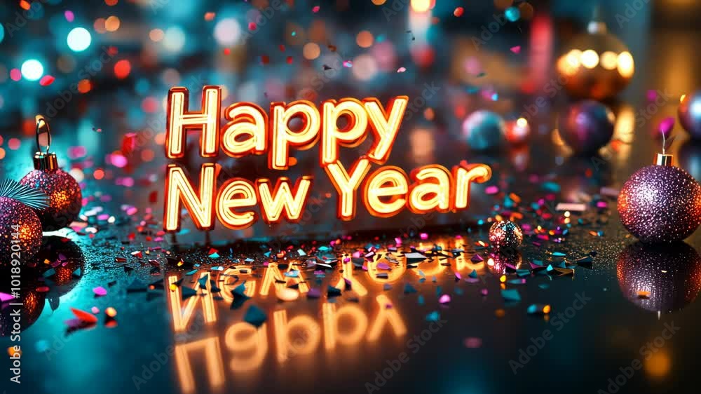 Neon happy new year sign reflecting on surface with confetti falling Neon happy new year sign reflecting on surface with confetti falling