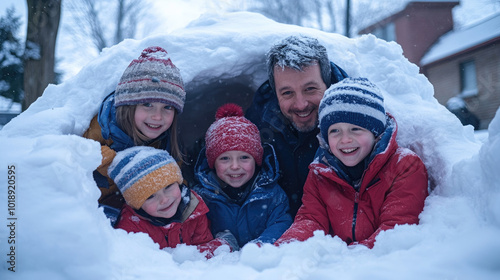 A joyful family of five in winter attire, smiling inside a snow-covered igloo, showcasing winter fun and family bonding.