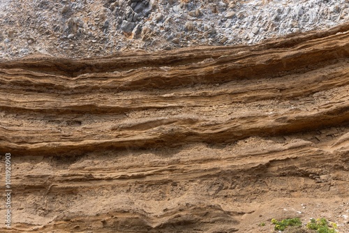 Sandstone earth layers at Splashing water at Porto da Cruz Madeira. Limestone.