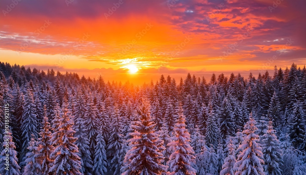 Stunning sunset over a snow-covered forest with vibrant colors and serene beauty at twilight. Generative AI Stunning sunset over a snow-covered forest with vibrant colors and serene beauty at twilight. Generative AI