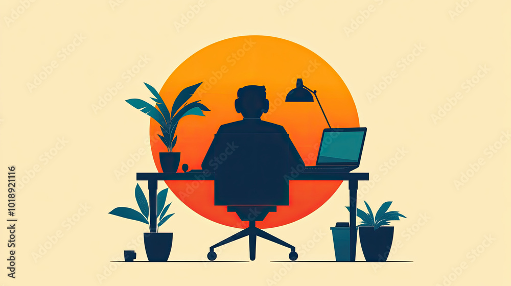 Fototapeta premium A silhouette of a person working at a desk surrounded by plants and a sunset backdrop, creating a serene workspace atmosphere.