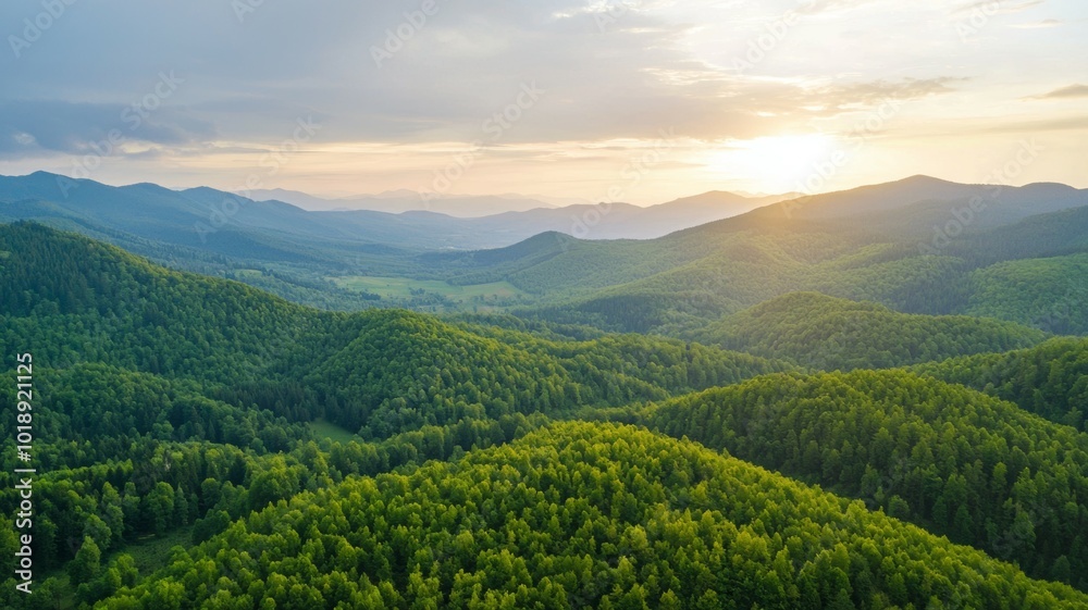 Lush green mountains under a vibrant sunset sky in a tranquil rural landscape Lush green mountains under a vibrant sunset sky in a tranquil rural landscape