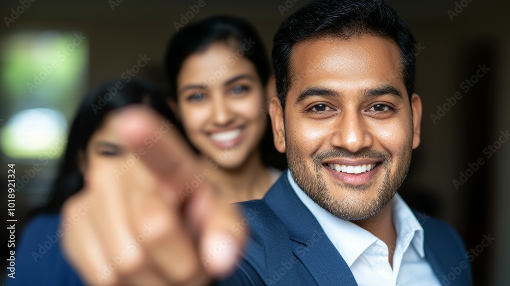 Smiling man pointing towards the camera while two women smile in the background at a social gathering indoors Smiling man pointing towards the camera while two women smile in the background at a social gathering indoors