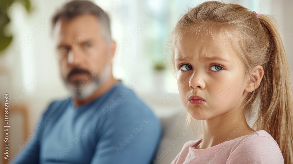 A father and daughter experiencing a moment of tension in a cozy living room during late afternoon A father and daughter experiencing a moment of tension in a cozy living room during late afternoon