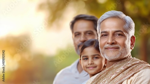 Generations of family smiling together in a sunlit park during a warm afternoon