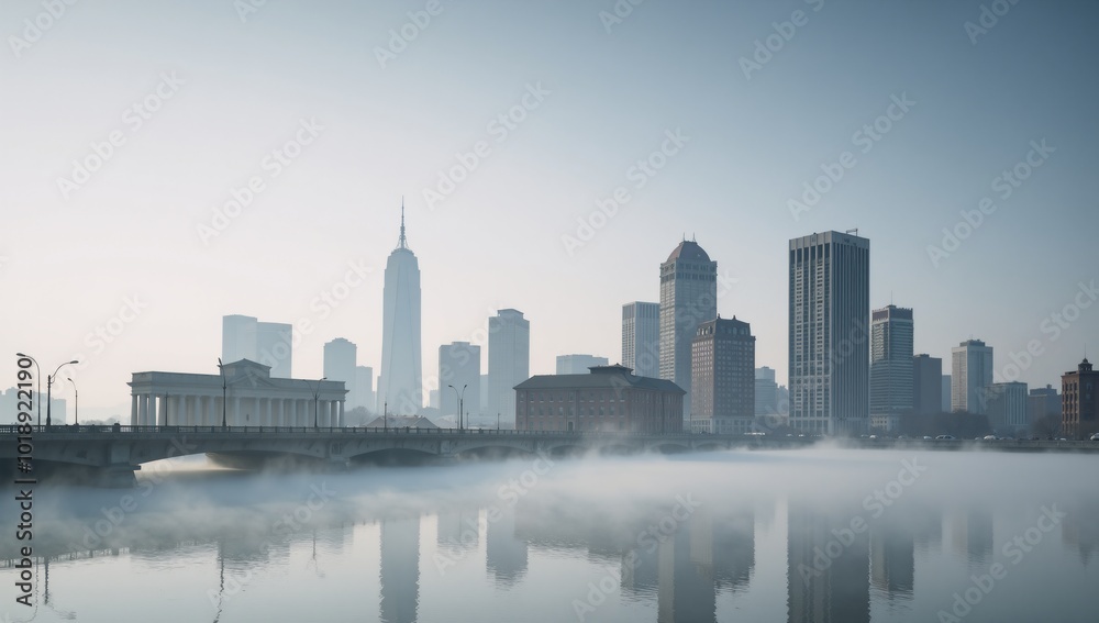 Fototapeta premium Morning fog over a modern city skyline creates a moody atmospheric urban landscape