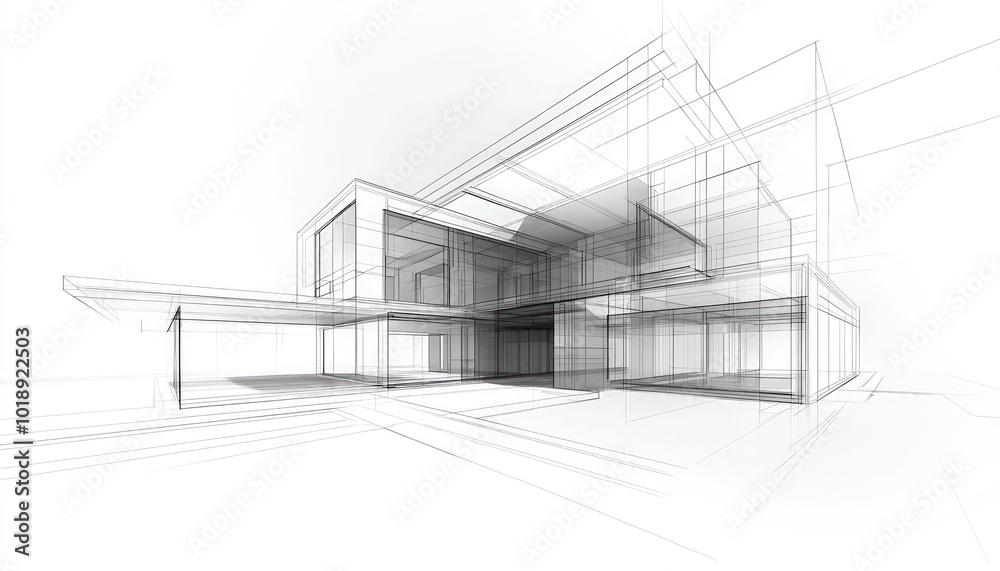 Architectural design in a 3D line art illustration