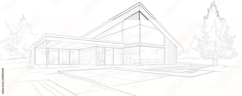 Architectural house design in 3D perspective line art.