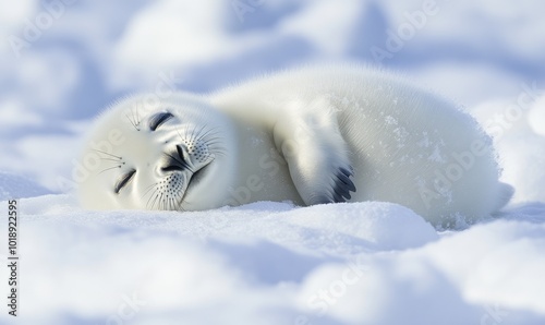 Newborn Harp seal pup (Phoca groenlandicus) lying in the snow sleeping photo