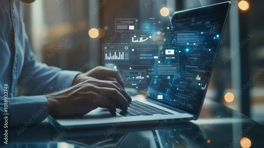 Mężczyzna siedzi przy biurku, intensywnie pracując na laptopie. Na jego ekranie widoczne są ikony reprezentujące różne funkcje zarządzania dokumentami. Mężczyzna siedzi przy biurku, intensywnie pracując na laptopie. Na jego ekranie widoczne są ikony reprezentujące różne funkcje zarządzania dokumentami.