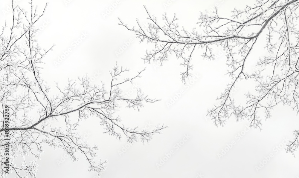 Obraz premium Snow-covered branches reaching into a pale winter sky, their delicate frost details shimmering in soft light