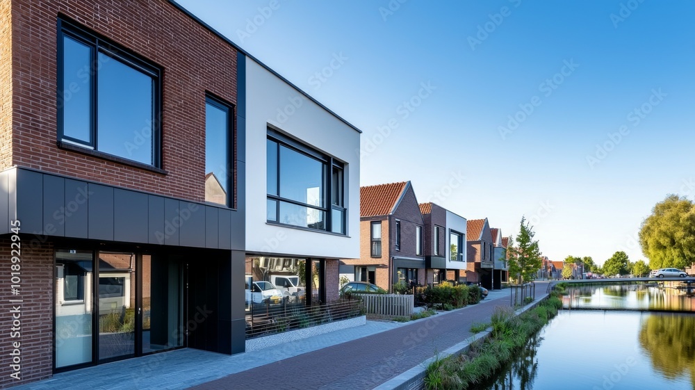 Modern residential buildings along a peaceful canal in a well-designed neighborhood during a clear day Modern residential buildings along a peaceful canal in a well-designed neighborhood during a clear day