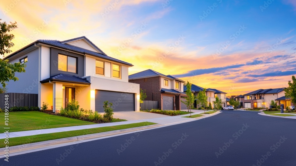 A picturesque suburban neighborhood at sunset with vibrant sky and modern houses lining the tranquil street A picturesque suburban neighborhood at sunset with vibrant sky and modern houses lining the tranquil street