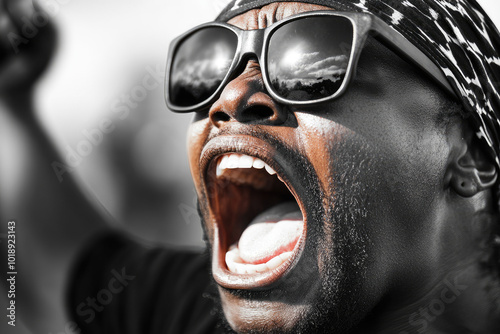 Passionate protester expressing strong emotions and energy in black and white with reflective sunglasses.