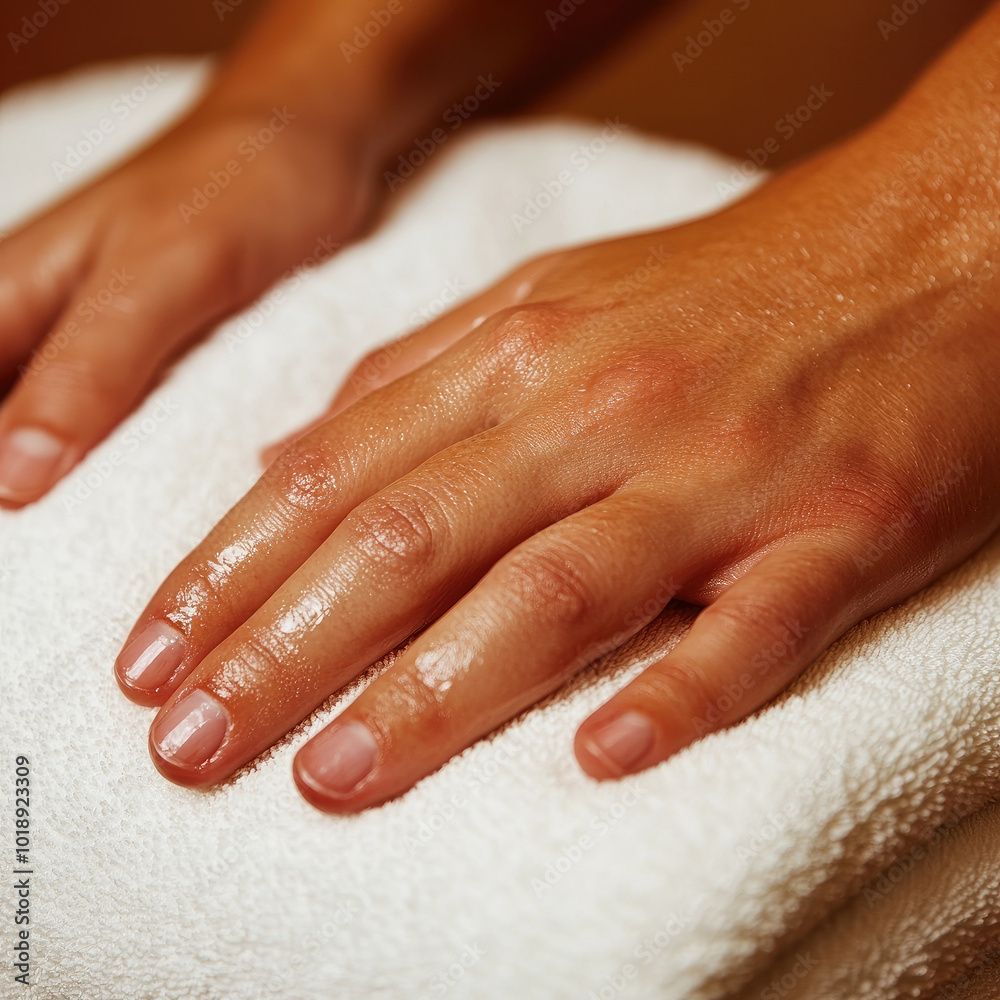 Fototapeta premium Relaxed hands resting on a soft towel, showcasing serene self-care and wellness.
