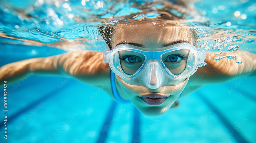 Naklejka premium W niezwykłym podwodnym ujęciu widzimy kobietę w kostiumie kąpielowym, która z gracją pływa w basenie.