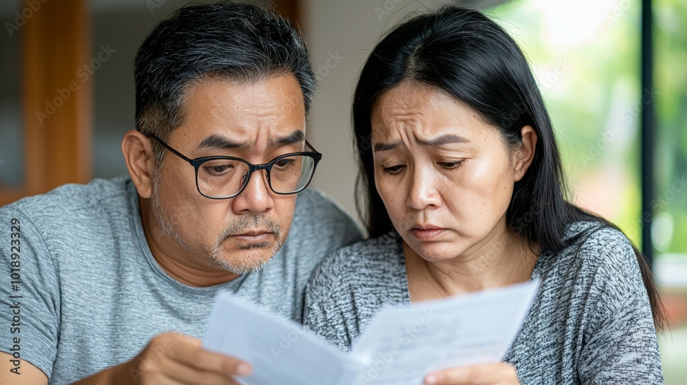 Concerned couple reviewing important documents at home in the morning sunlight Concerned couple reviewing important documents at home in the morning sunlight