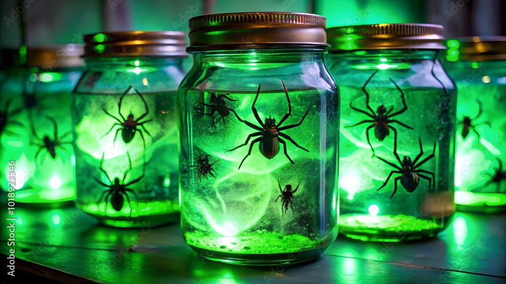 Creepy Green Glowing Halloween Specimen Jars with Dead Spiders for Spooky Season Decorations Creepy Green Glowing Halloween Specimen Jars with Dead Spiders for Spooky Season Decorations