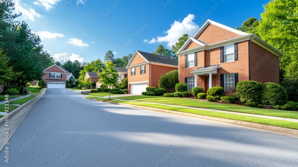 Quiet suburban street lined with houses and trees under a bright sky during the afternoon Quiet suburban street lined with houses and trees under a bright sky during the afternoon
