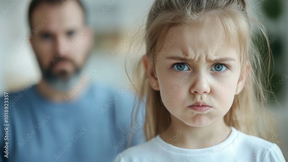Young girl showing anger while seated in a living room with a man in the background during a tense moment Young girl showing anger while seated in a living room with a man in the background during a tense moment