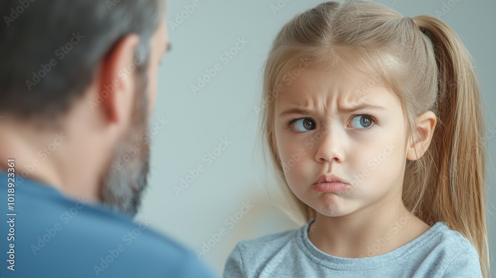 Father and daughter having a serious conversation in a softly lit room during the afternoon Father and daughter having a serious conversation in a softly lit room during the afternoon