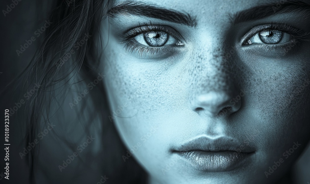 Monochrome portrait woman with blue tones Monochrome portrait woman with blue tones